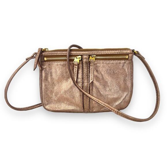 Fossil Erin bag crossbody cow hide rose gold leather zip top purse - Picture 2 of 16